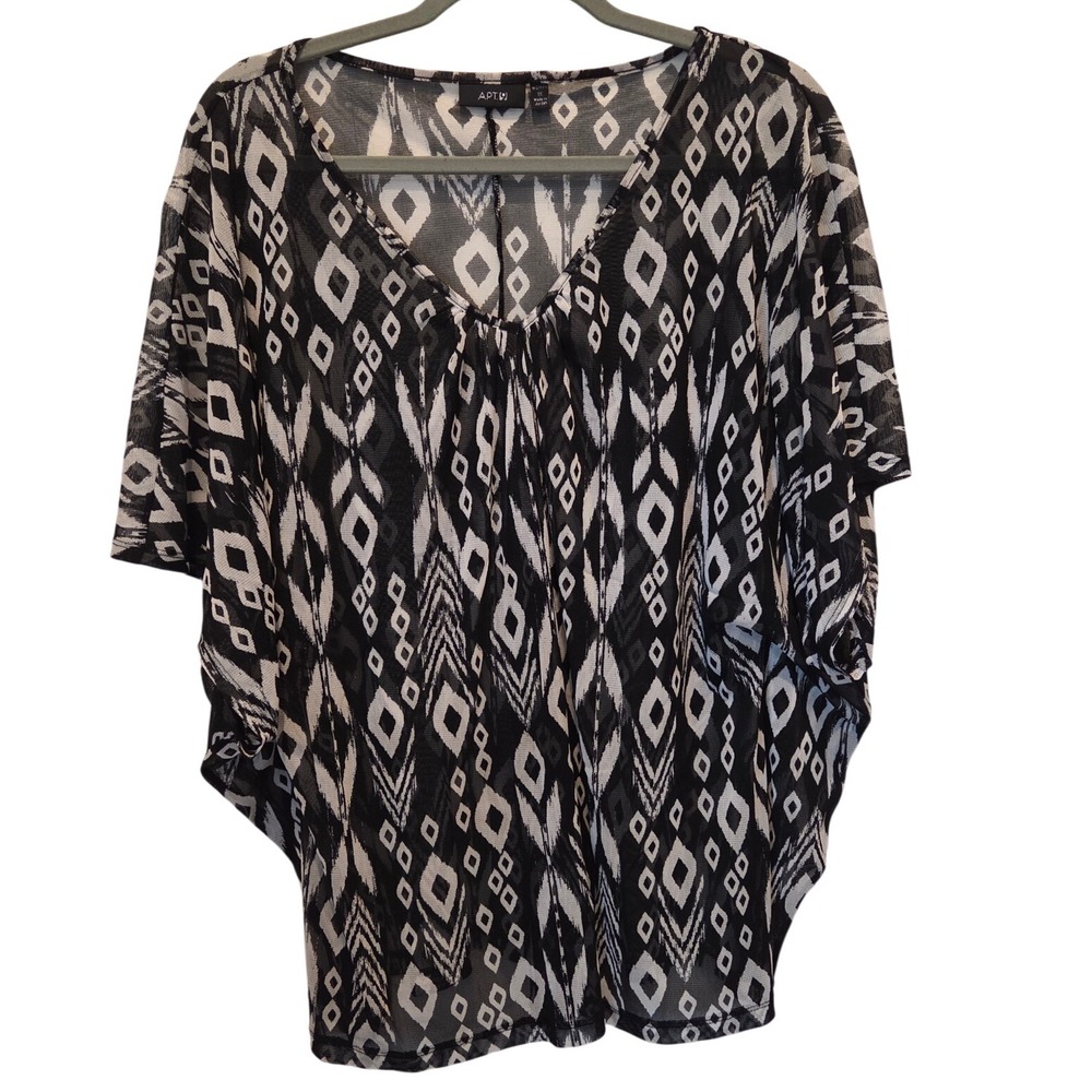 APT 9 Black White Geometric Blouse 1X Flowy Boho Sheer Tunic Top